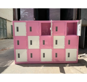 Tủ sắt locker trường học 15 ngăn sơn phối màu hồng trắng